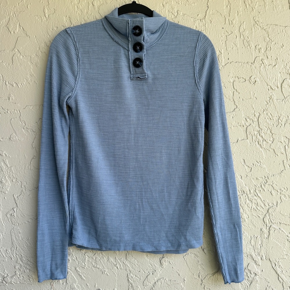 We The Free People Blue Waffle Knit Thermal Button Funnel Neck Top Women Small
